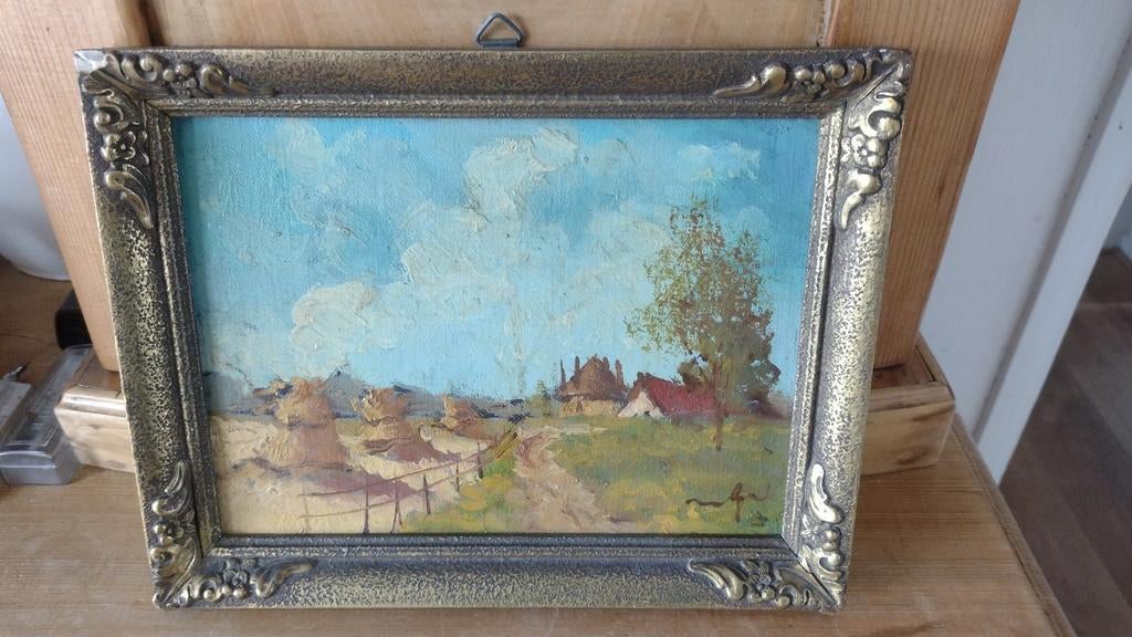 Klein Schilderij: Landschap met Hooibergen en Boerderij, Ophalen of Verzenden