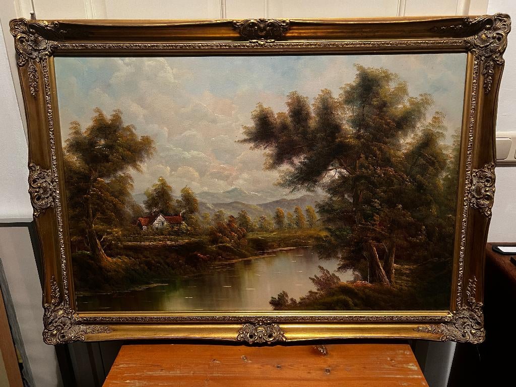 Olieverfschilderij "Cottage aan de rivier"., Ophalen of Verzenden