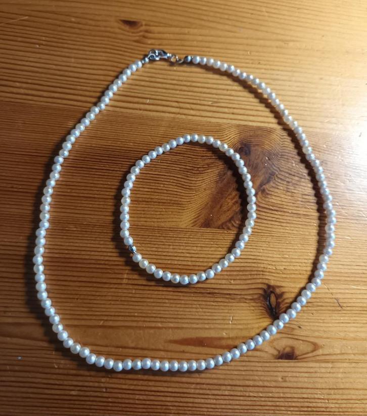 Kort 'Parel'kettinkje met armbandje, Sieraden, Tassen en Uiterlijk, Kettingen, Nieuw, Overige materialen, Wit, Ophalen of Verzenden