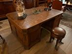 Partnerdesk eiken bureau met blokjesmotief bovenblad, Antiek en Kunst, Ophalen of Verzenden