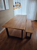 Massief eiken eettafel met bijpassend bankje, Huis en Inrichting, Tafels | Eettafels, Ophalen, Gebruikt, Eikenhout, 200 cm of meer