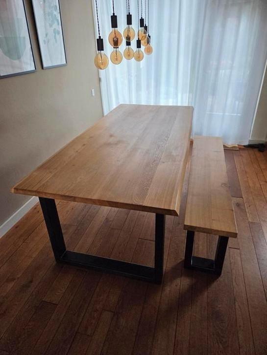 Massief eiken eettafel met bijpassend bankje, Huis en Inrichting, Tafels | Eettafels, Gebruikt, 50 tot 100 cm, 200 cm of meer
