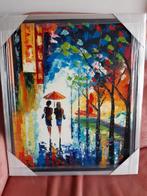 Sfeervol schilderij op doek met 2 dames onder een paraplu, Ophalen, Nieuw, Schilderij, 50 tot 75 cm