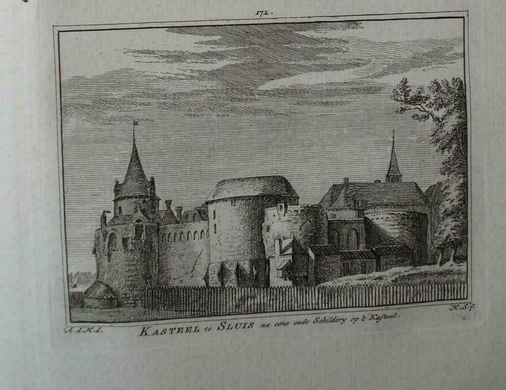 172 / Kasteel te Sluis Gravure 18e eeuw van H. Spilman, Antiek en Kunst, Kunst | Etsen en Gravures, Ophalen of Verzenden