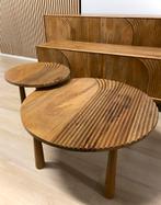 Nieuwe houten ronde salontafel set lijnen japandi vintage, Ophalen