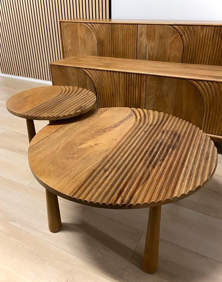 Nieuwe houten ronde salontafel set lijnen japandi vintage, Huis en Inrichting, Complete inboedels, Ophalen
