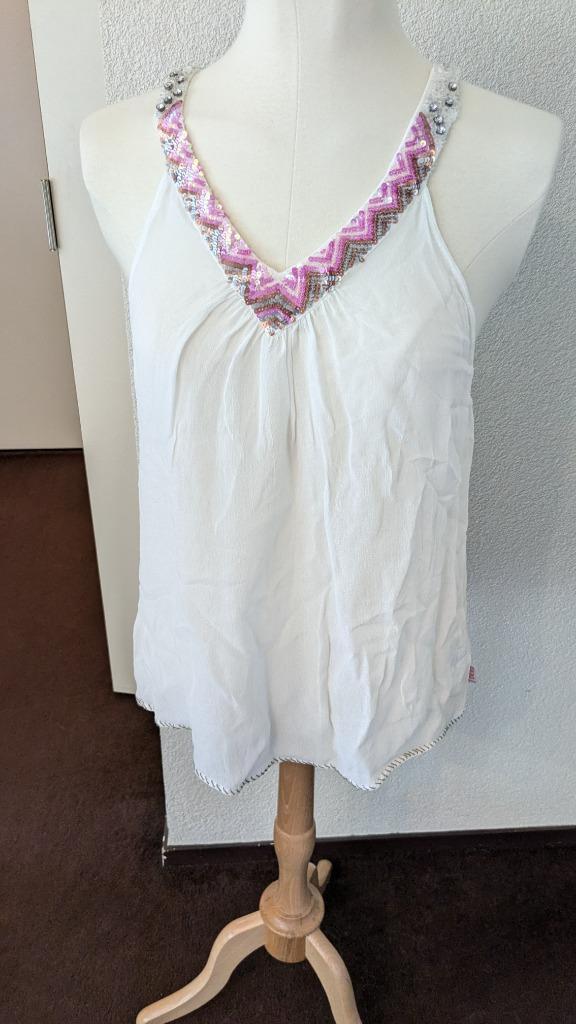 Topje van Didi - wit met roze lovertjes en kraaltjes - M, Kleding | Dames, Tops, Zo goed als nieuw, Maat 38/40 (M), Wit, Zonder mouw