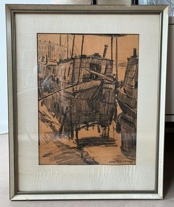 Tekening van Henk Bellaard (1896-1975) woonschip, gesigneerd, Antiek en Kunst, Kunst | Schilderijen | Klassiek, Ophalen of Verzenden