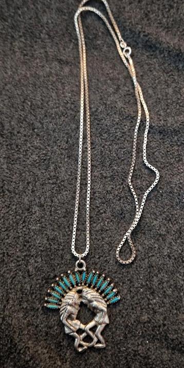  ketting, zilver 925, turquoise hanger Indianen hoofdtooi.  beschikbaar voor biedingen