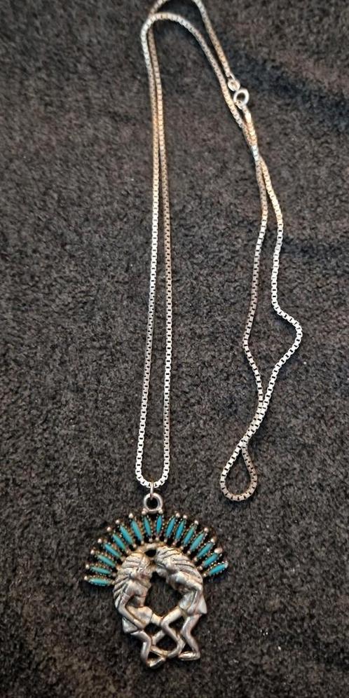 ketting, zilver 925, turquoise hanger Indianen hoofdtooi., Sieraden, Tassen en Uiterlijk, Kettingen, Zo goed als nieuw, Overige materialen