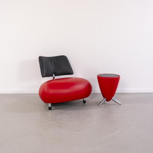 2x Leolux Set Pallone + TamTam Rood/Zwart Leer - Bloemmotief, Huis en Inrichting, Fauteuils, Zo goed als nieuw, Leer, Metaal, 50 tot 75 cm