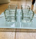 Set 4 theelichthouders glas / accubakjes met melkglas schaal, Overige materialen, Wit, Nieuw, Ophalen of Verzenden