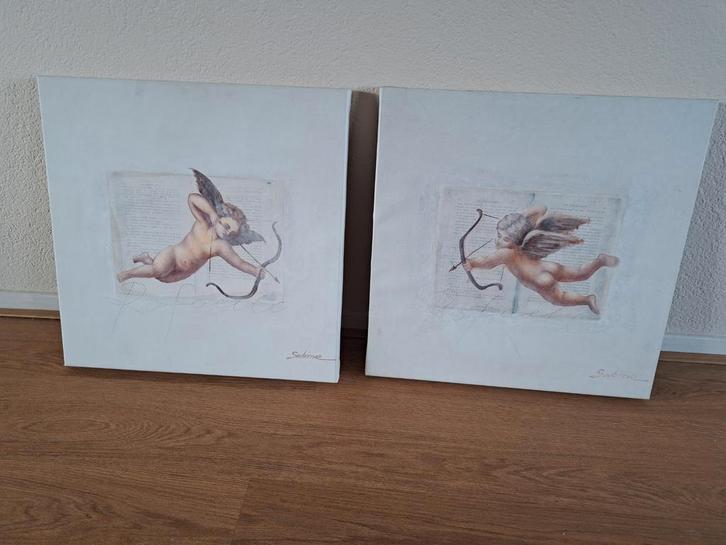 2 Schilderijen Engeltjes Cupido Raffaelo & Sabine, Antiek en Kunst, Kunst | Schilderijen | Klassiek, Ophalen