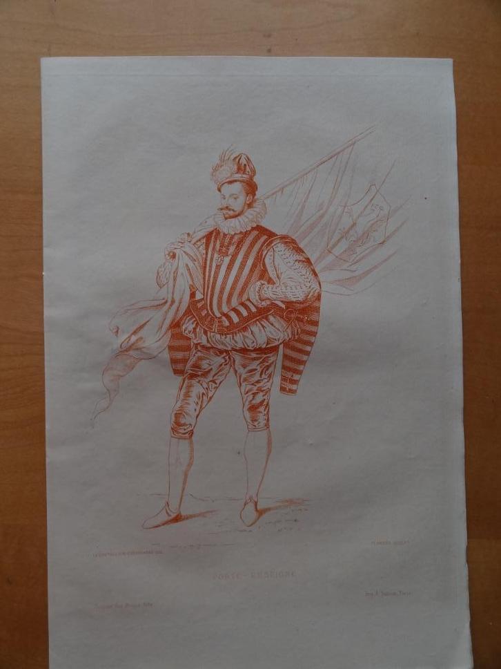 Porte enseigne, vaandeldrager, gravure van M.Flameng, Antiek en Kunst, Kunst | Etsen en Gravures, Verzenden