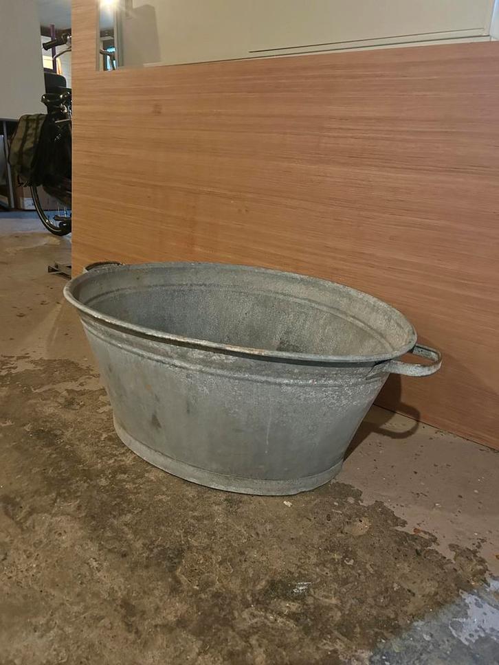 Grote ovale Zinken teil / tobbe 83 cm lengte, Tuin en Terras, Bloembakken en Plantenbakken, Zo goed als nieuw, Metaal, Binnen