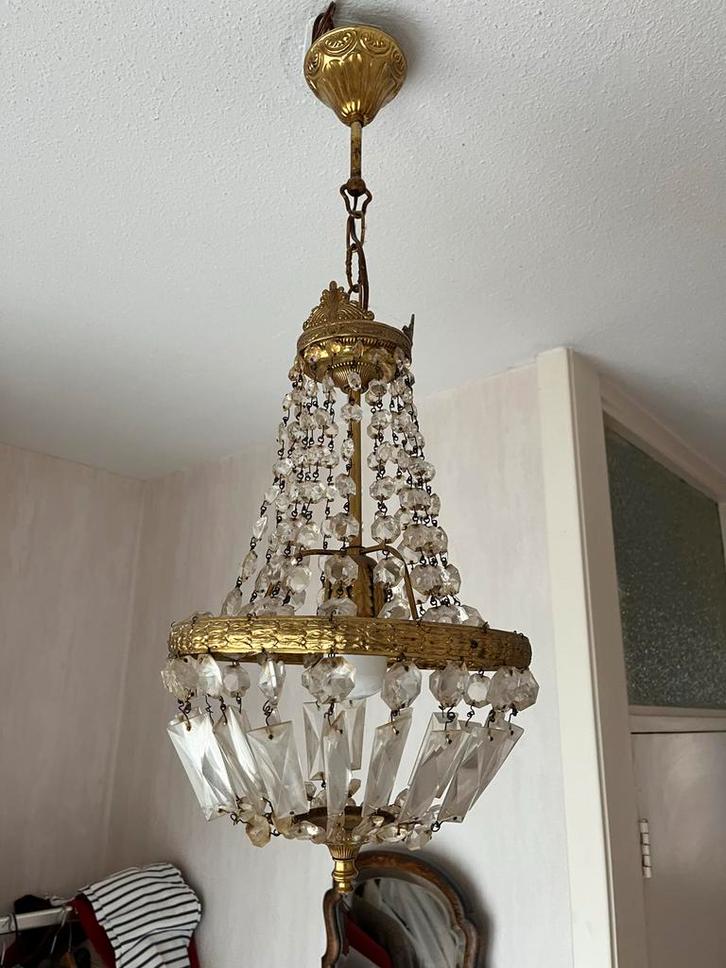 Vintage Kroonluchter met Kristallen, Huis en Inrichting, Lampen | Kroonluchters, Gebruikt, Glas, Ophalen
