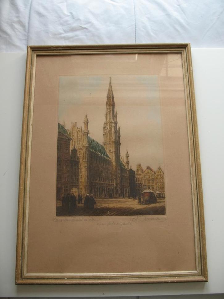 Originele gravure illustratie 1885 Brussels stadhuis België., Antiek en Kunst, Kunst | Etsen en Gravures, Ophalen