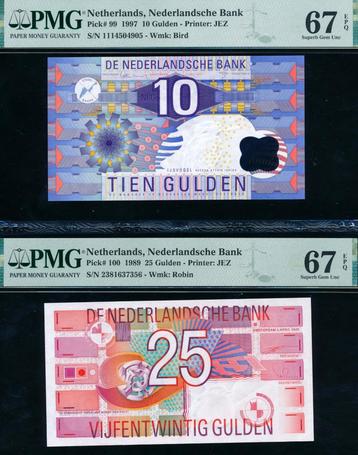 UNC PMG 67 EPQ: 10 Gulden 'IJsvogel +25 Gulden 'Roodborstje' beschikbaar voor biedingen