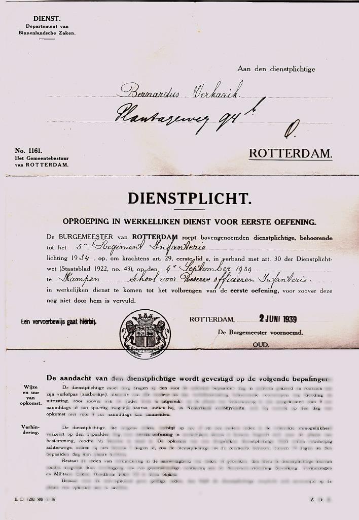 DIENSTPLICHT ROTTERDAM 2 JUNI 1939, Postzegels en Munten, Bankbiljetten | Nederland, Ophalen of Verzenden