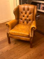 Vintage chesterfield stoel fauteuil cognac bruin leer, Gebruikt, Leer, 75 tot 100 cm, Ophalen