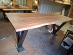 Tropisch houten Bartafel met stalen poot. 250x100 cm., Ophalen of Verzenden, Zo goed als nieuw