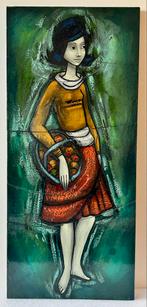 Vintage Tegelpaneel met Vrouw en Fruitmand, Antiek en Kunst, Antiek | Wandborden en Tegels, Ophalen of Verzenden