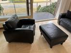 Zwart Lederen Zithoek - 2-zits, 2 Fauteuils, Hocker, Huis en Inrichting, Fauteuils, Ophalen, Gebruikt, Leer, 75 tot 100 cm