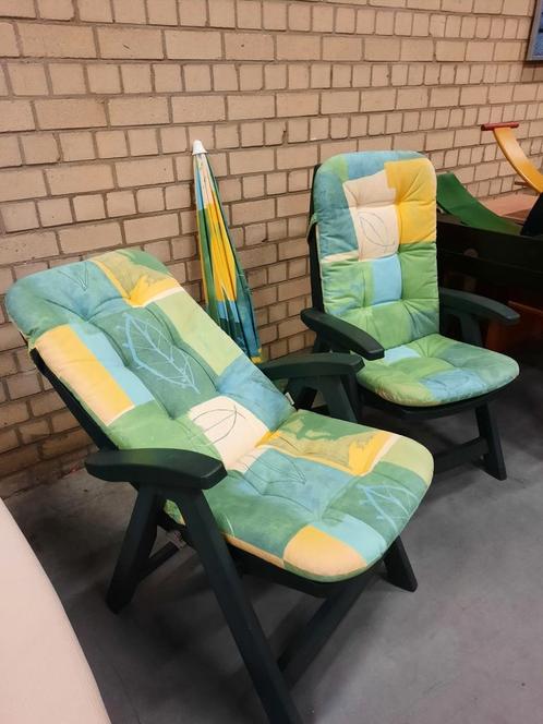 2 Hartman tuinstoelen met dikke kussens en parasol, Tuin en Terras, Tuinstoelen, Gebruikt, Kunststof, Inklapbaar, Verstelbaar