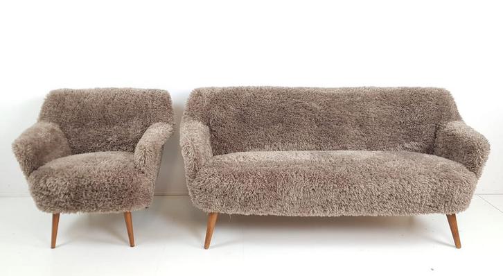 vintage bankstel bruin teddy | bankje en fauteuil cocktail, Verzamelen, Retro, Huis en Inrichting, Verzenden