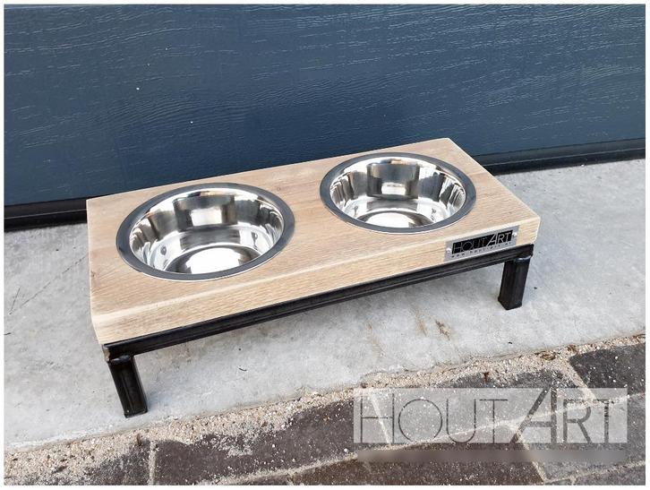 Eet & Drinkset Stalen frame met steigerhout. Hond of kat!, Dieren en Toebehoren, Hondenvoerbakken en Drinkbakken, Nieuw, Ophalen of Verzenden