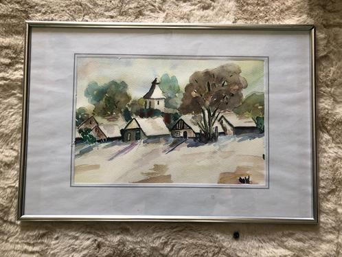 Origineel Aquarelschilderij – Sfeervol Dorpsgezicht, Antiek en Kunst, Kunst | Schilderijen | Klassiek, Ophalen of Verzenden