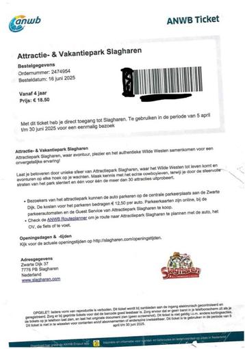Ticket Slagharen beschikbaar voor biedingen
