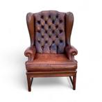 Bruin Leren Chesterfield Fauteuil, Gebruikt, Ophalen of Verzenden, 50 tot 75 cm, Hout