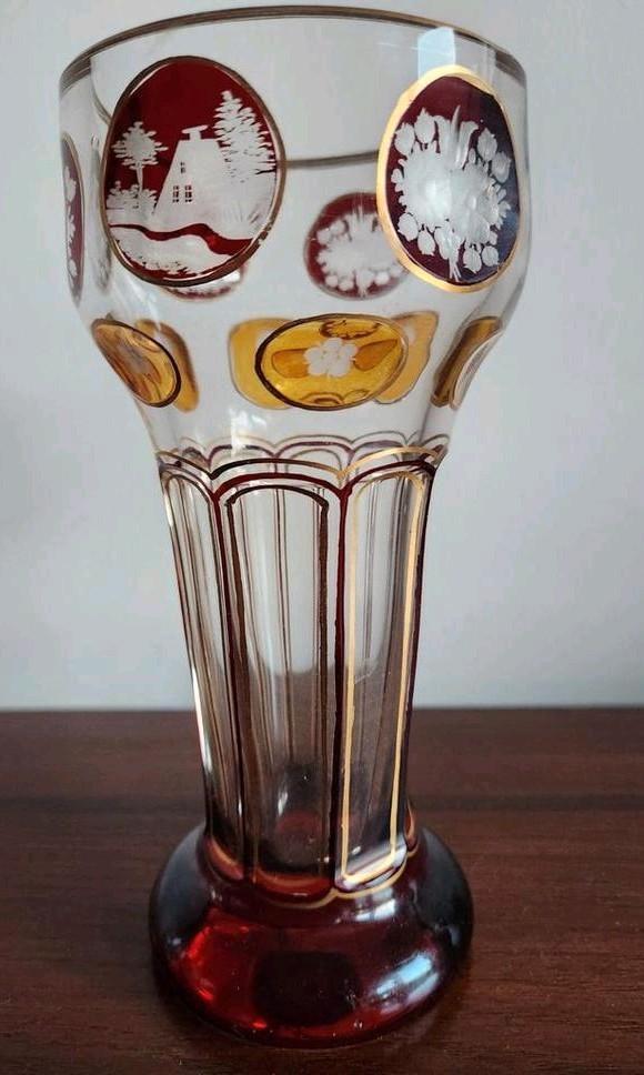 Biedermeier beaker vaas geslepen amber robijn loodkristal, Antiek en Kunst, Antiek | Glas en Kristal, Ophalen of Verzenden