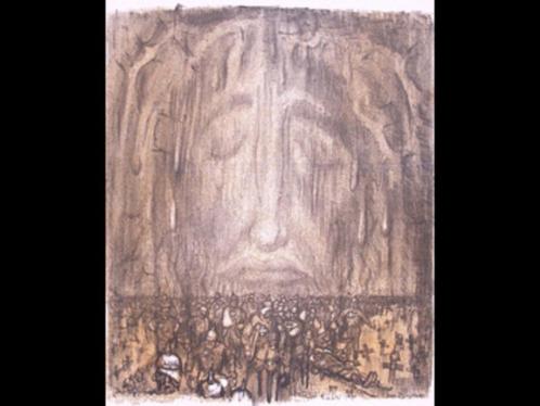 Oorlogsgewonden met treurende Jezus op spotprent, Antiek en Kunst, Kunst | Litho's en Zeefdrukken, Verzenden