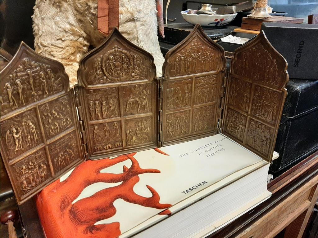 19e eeuwse Russische bronzen tetraptiek icoon, Antiek en Kunst, Ophalen of Verzenden