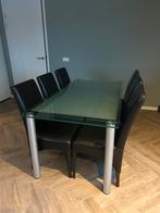 Glazen eettafel met 6 eetkamer stoelen, Ophalen, Gebruikt, 50 tot 100 cm, Glas