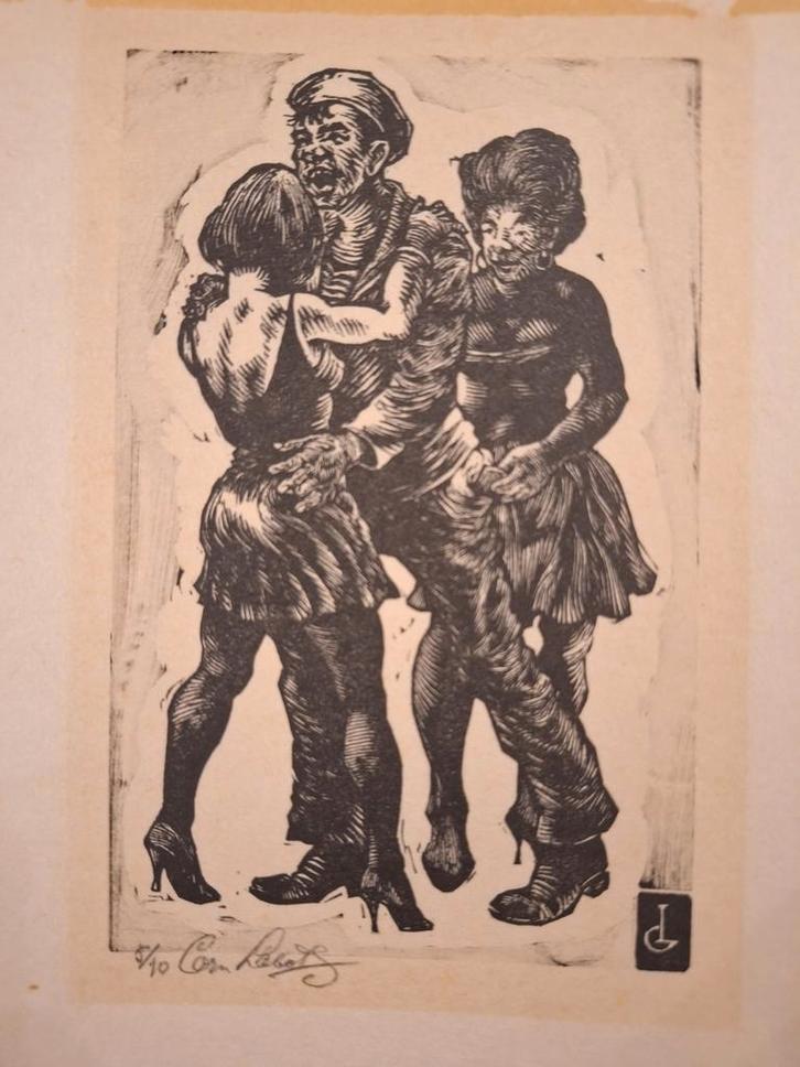 Houtsnede van een dansende menigte, Antiek en Kunst, Kunst | Etsen en Gravures, Ophalen of Verzenden