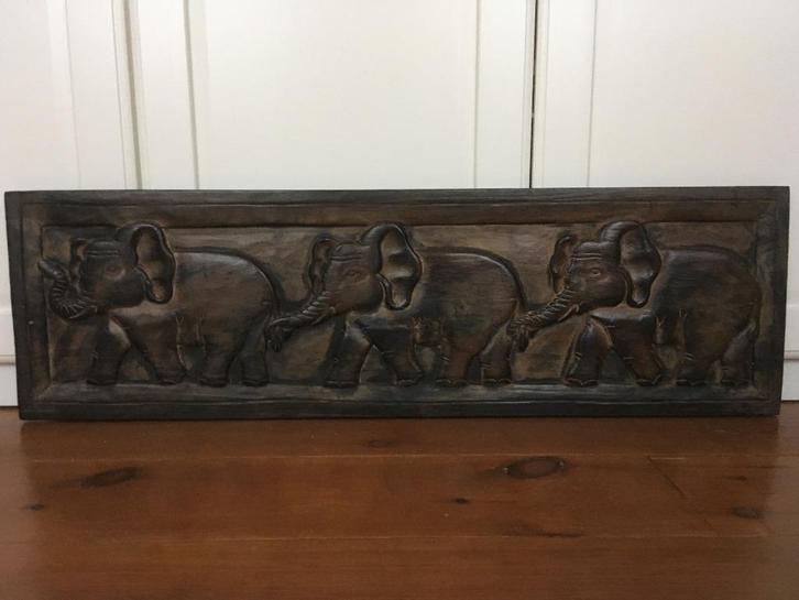 Houtsnijwerk wanddecoratie wandpaneel olifanten, Huis en Inrichting, Woonaccessoires | Wanddecoraties, Gebruikt, Ophalen of Verzenden
