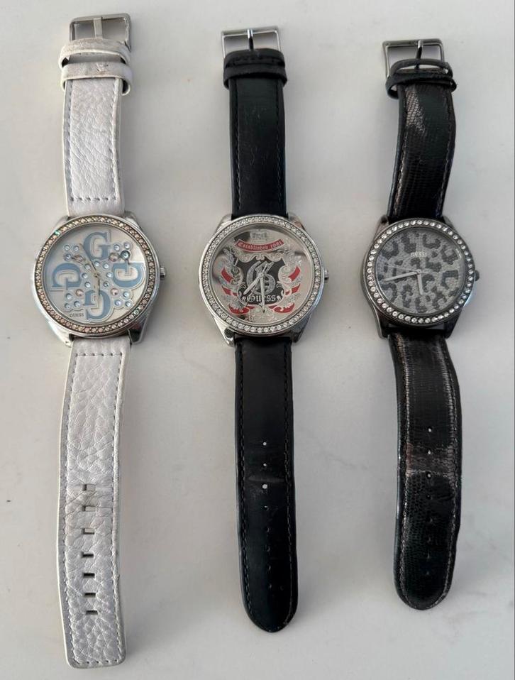 Guess Dameshorloges - 3 stuks, Sieraden, Tassen en Uiterlijk, Horloges | Dames, Gebruikt, Polshorloge, Guess, Staal, Leer, Met strass