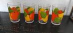 Vintage limonadeglazen citrusvruchten groen geel oranje 4x, Glas of Glazen, Ophalen of Verzenden, Overige stijlen, Glas