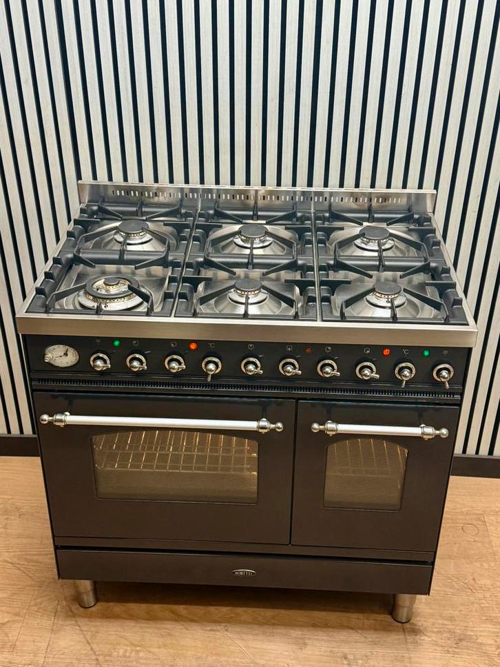 Luxe Boretti Fornuis 6 pits antraciet/chroom 2 ovens 90 cm, Witgoed en Apparatuur, Fornuizen, Zo goed als nieuw, Vrijstaand, Gas