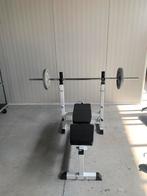 Halterset bankdruk/benchpress + losse stangen en gewichten, Sport en Fitness, Ophalen, Zo goed als nieuw
