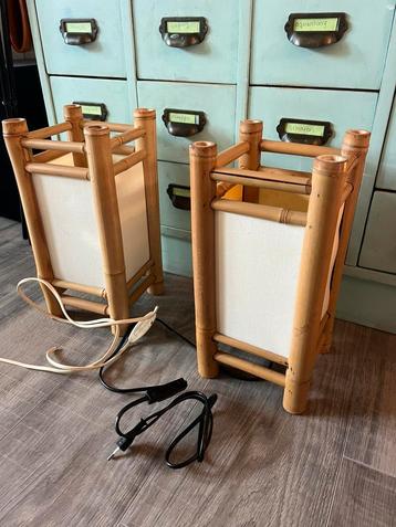 2 vintage set Japanse bamboe canvas boho tafellampen lampjes beschikbaar voor biedingen