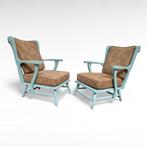Vintage design teakhouten fauteuils, aquakleur geschilderd, Minder dan 75 cm, Gebruikt, Mid Century vintage, Hout