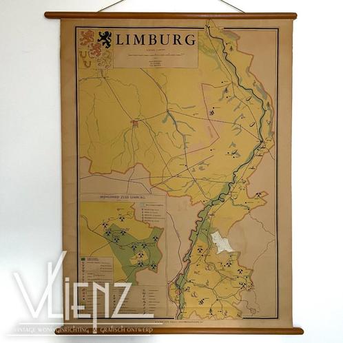 Vintage schoolplaat, schoolkaart, landkaart Limburg, Mijnen, Antiek en Kunst, Antiek | Schoolplaten, Aardrijkskunde, Ophalen of Verzenden