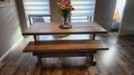 Robuuste Steigerhouten Eettafel + Bank, Ophalen, 200 cm of meer, 50 tot 100 cm, Zo goed als nieuw