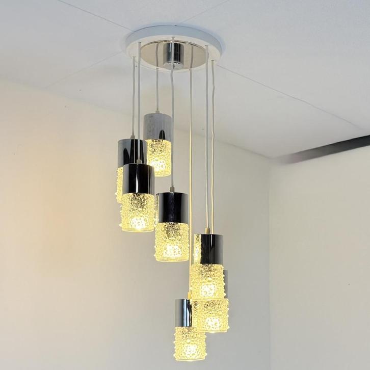 DDR chroom met bubbleglass cascadelamp, Huis en Inrichting, Lampen | Hanglampen, Zo goed als nieuw, 75 cm of meer, Glas, Kunststof