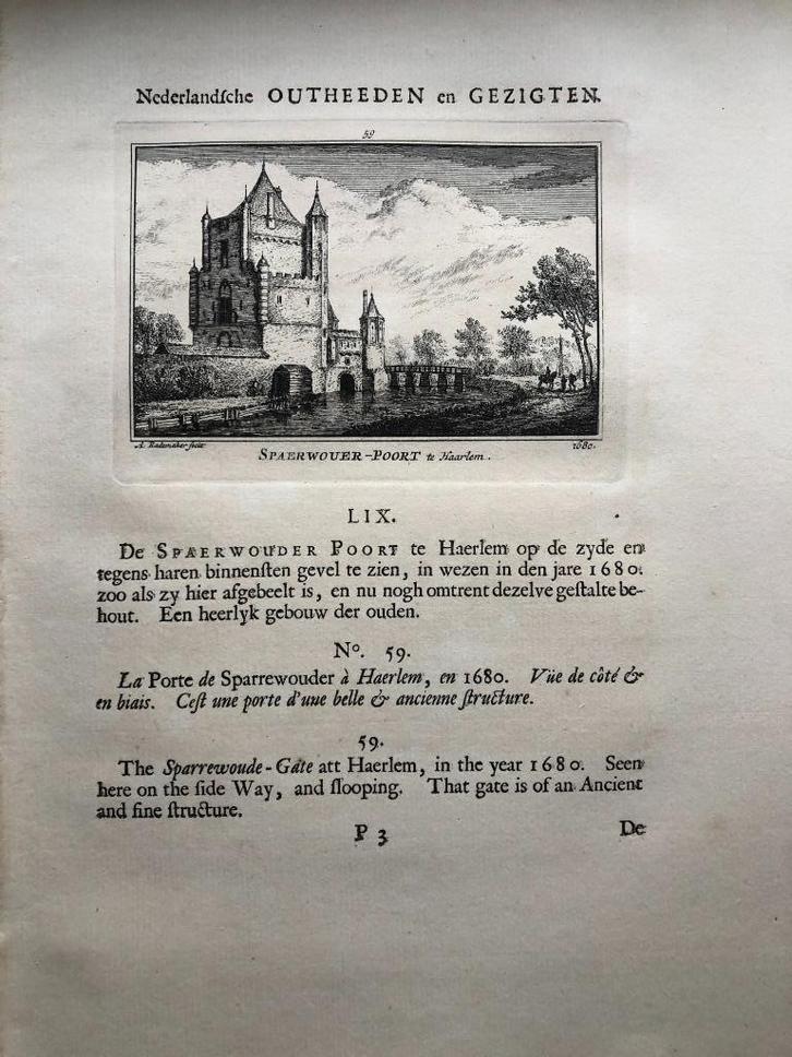 059 / Haarlem de Spaerwouerpoort Kopergravure 1731, Antiek en Kunst, Kunst | Etsen en Gravures, Ophalen of Verzenden
