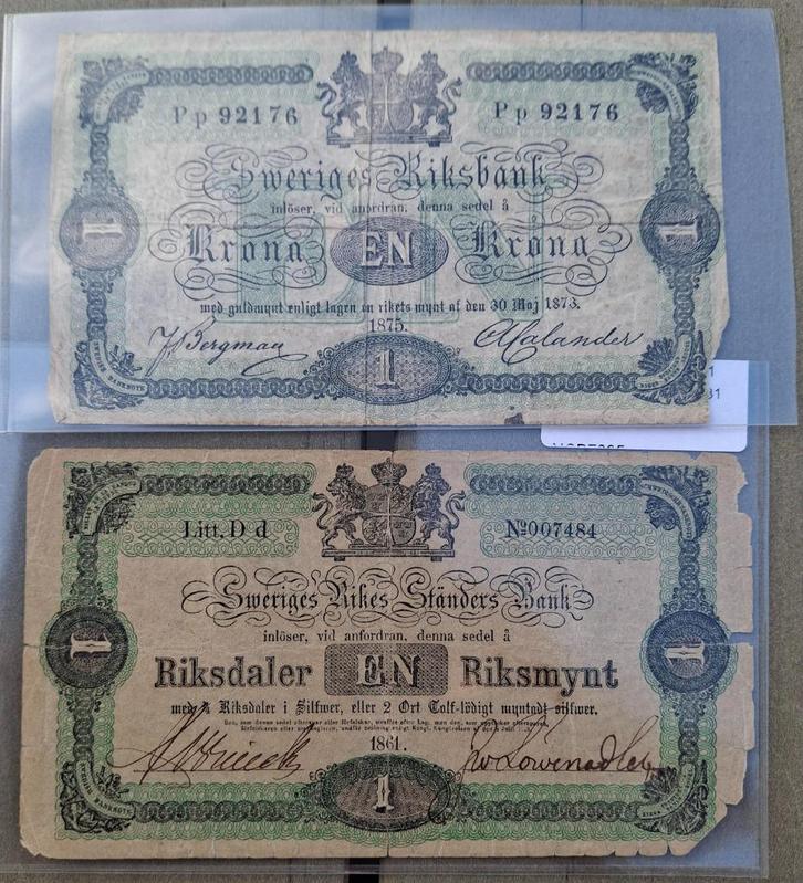2 x Zweden  1864 Riksdaler + 1875 Krona  Zeldzaam!  RARE, Postzegels en Munten, Bankbiljetten | Nederland, Setje, 1 gulden, Verzenden